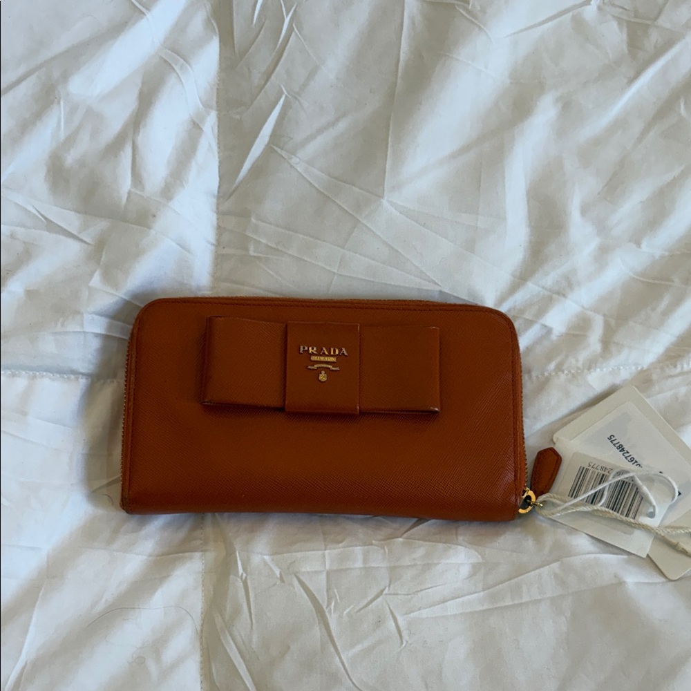 Prada Saffiano Leather Bow Zip Wallet - Cognac Brown - Picture 1 of 8